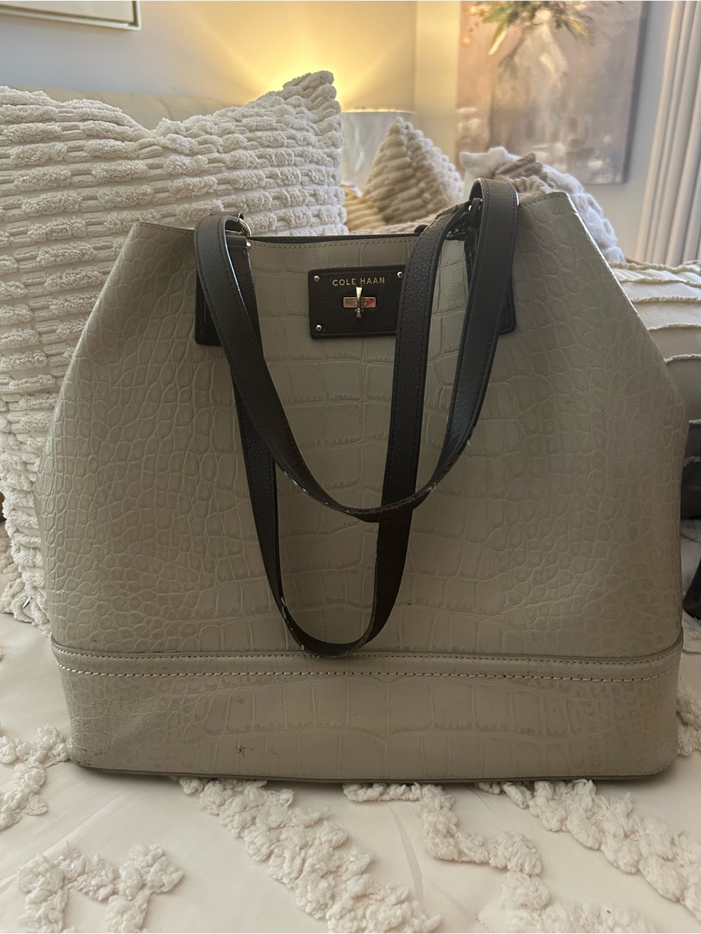 Cole Haan Taupe Croc-Embossed Tote with Black Straps
